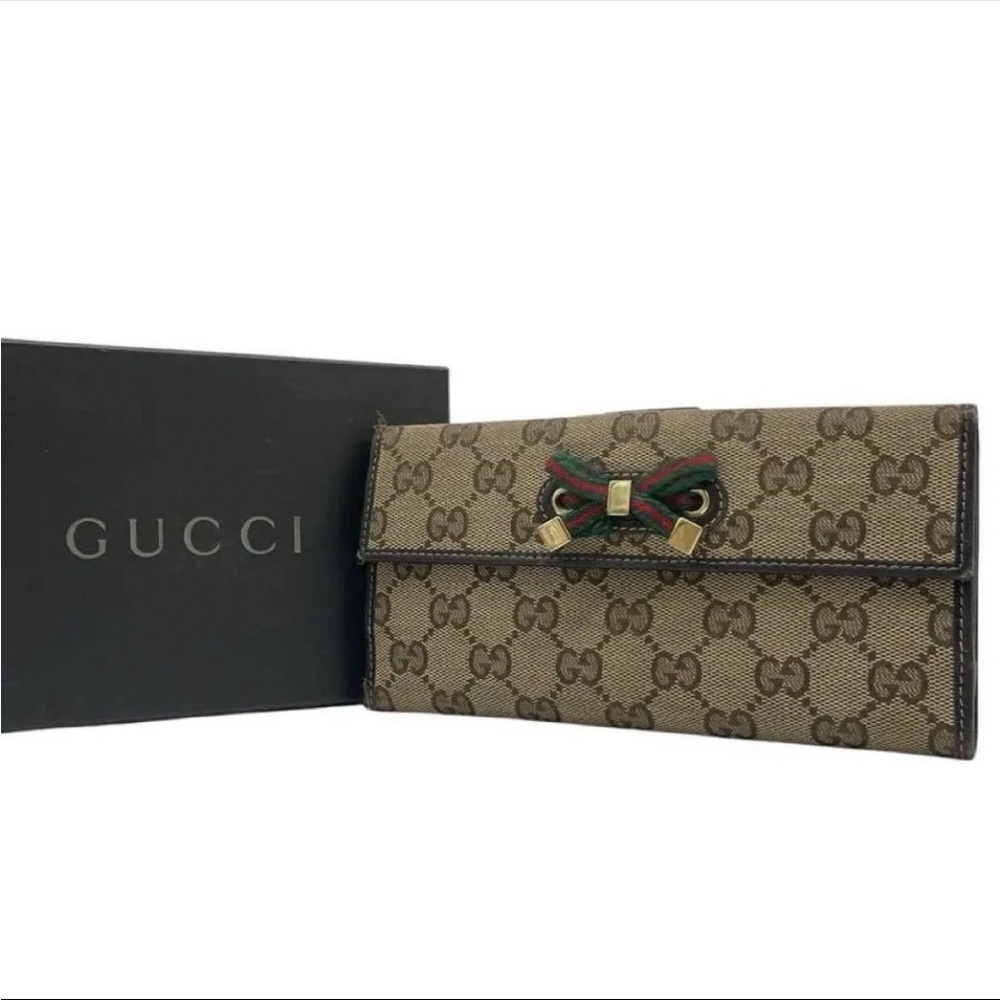 GUCCI Long Wallet GG Canvas Ribbon Sherry Line Beige